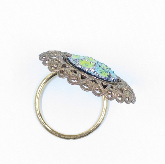 Vintage Western Germany Scarf Clip w/ Iridescent Flower Beads Encased Filigree - Picture 4 of 5